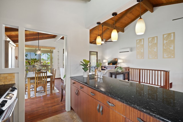 1870 Hoone Rd Unit 600, Koloa, HI 96756 - kitchen featuring range, dark stone countertops, wooden ceiling, open floor plan, and a wall mounted air conditioner