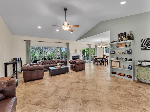 71-1371 Puu Kamanu Ln, Kailua-Kona, HI 96740 - living area with lofted ceiling, a chandelier, ceiling fan, recessed lighting, and light tile patterned floors