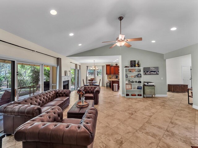 71-1371 Puu Kamanu Ln, Kailua-Kona, HI 96740 - living room with ceiling fan, a chandelier, vaulted ceiling, recessed lighting, and baseboards