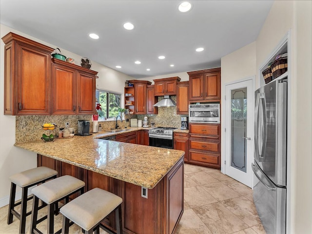 71-1371 Puu Kamanu Ln, Kailua-Kona, HI 96740 - kitchen featuring stainless steel appliances, a peninsula, wall chimney range hood, a sink, and tasteful backsplash