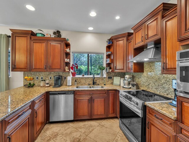 71-1371 Puu Kamanu Ln, Kailua-Kona, HI 96740 - kitchen with appliances with stainless steel finishes, open shelves, under cabinet range hood, a sink, and backsplash
