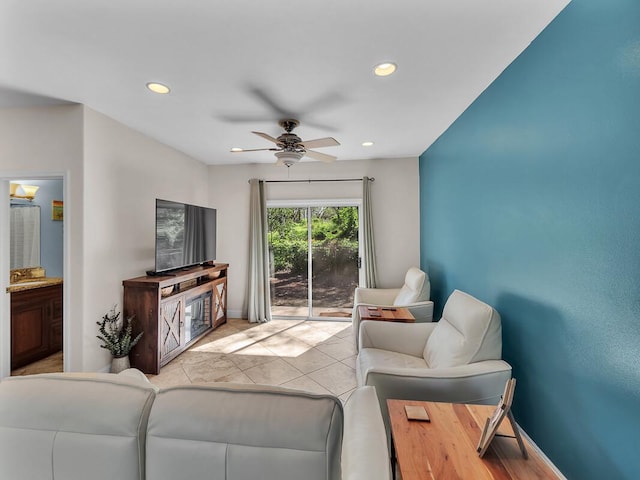 71-1371 Puu Kamanu Ln, Kailua-Kona, HI 96740 - living room featuring a ceiling fan, recessed lighting, baseboards, and light tile patterned floors