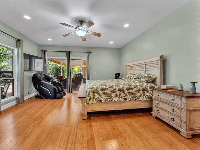 71-1371 Puu Kamanu Ln, Kailua-Kona, HI 96740 - bedroom with access to outside, light wood finished floors, ceiling fan, and recessed lighting
