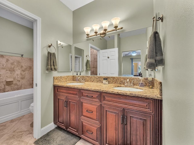 71-1371 Puu Kamanu Ln, Kailua-Kona, HI 96740 - full bath featuring toilet, double vanity, a bath, tile patterned flooring, and a chandelier