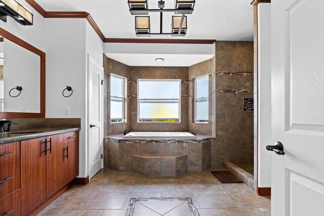 15-1594 22nd Ave, Keaau, HI 96749 - bathroom with plenty of natural light, a garden tub, vanity, crown molding, and tiled shower