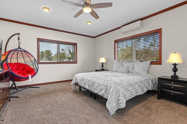15-1594 22nd Ave, Keaau, HI 96749 - carpeted bedroom with a wall mounted air conditioner, crown molding, baseboards, and ceiling fan