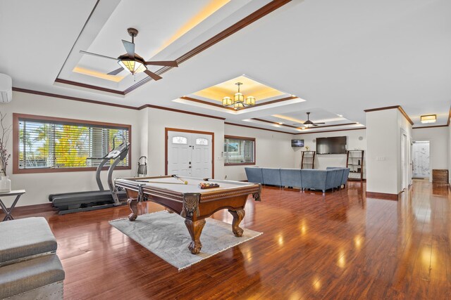 15-1594 22nd Ave, Keaau, HI 96749 - rec room with a ceiling fan, a raised ceiling, billiards table, wood finished floors, and crown molding