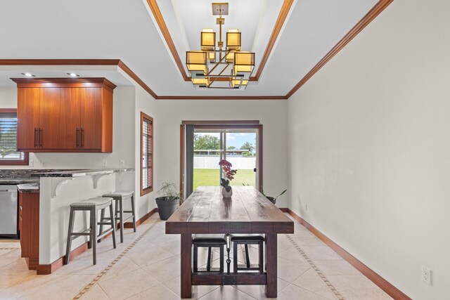 15-1594 22nd Ave, Keaau, HI 96749 - dining area featuring light tile patterned floors, baseboards, inlaid floor details, ornamental molding, and a chandelier