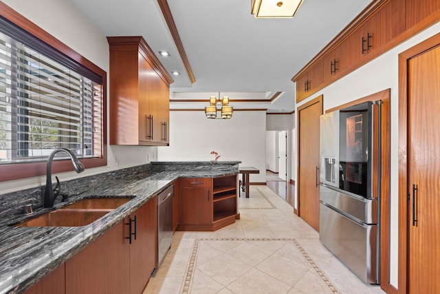15-1594 22nd Ave, Keaau, HI 96749 - kitchen featuring appliances with stainless steel finishes, a sink, a chandelier, open shelves, and a raised ceiling