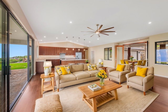 73-4493 Aloha Pl, Kailua-Kona, HI 96740 - living area with lofted ceiling, wood finished floors, a ceiling fan, and recessed lighting