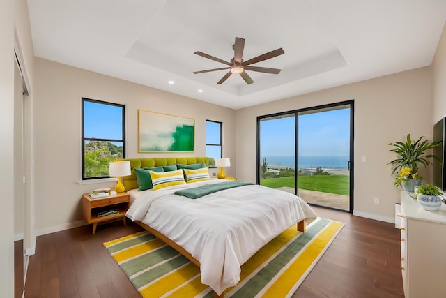 73-4493 Aloha Pl, Kailua-Kona, HI 96740 - bedroom featuring a raised ceiling, access to exterior, recessed lighting, and dark wood finished floors