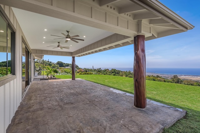 73-4493 Aloha Pl, Kailua-Kona, HI 96740 - view of patio featuring ceiling fan and a water view
