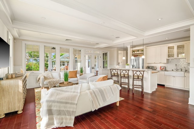 2640 Uluwehi St, Koloa, HI 96756 - living room with dark wood-style floors, ornamental molding, a raised ceiling, a wainscoted wall, and a decorative wall