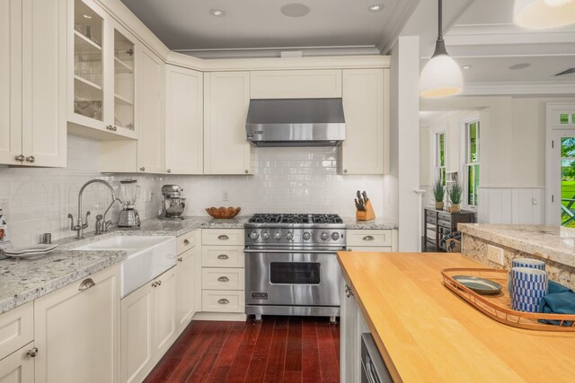 2640 Uluwehi St, Koloa, HI 96756 - kitchen featuring luxury stove, wall chimney exhaust hood, wooden counters, a sink, and ornamental molding
