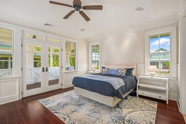 2640 Uluwehi St, Koloa, HI 96756 - bedroom featuring access to outside, french doors, ornamental molding, wood-type flooring, and a wainscoted wall