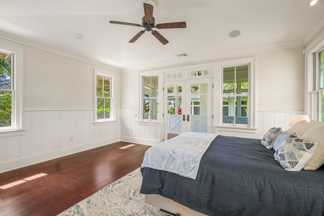 2640 Uluwehi St, Koloa, HI 96756 - bedroom with a wainscoted wall, hardwood / wood-style flooring, access to outside, french doors, and a ceiling fan