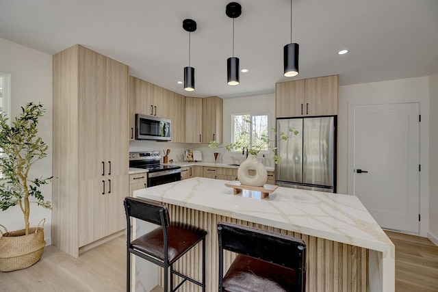 16-2119 Tangerine Dr, Pahoa, HI 96778 - kitchen featuring stainless steel appliances, light brown cabinetry, wine cooler, light wood finished floors, and light stone counters