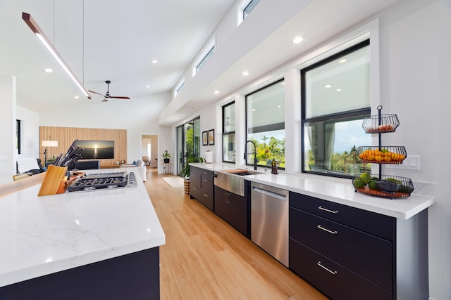 74-941 Kuni St, Kailua-Kona, HI 96740 - kitchen with modern cabinets, stainless steel dishwasher, a sink, dark cabinets, and light wood-type flooring