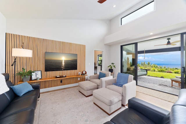 74-941 Kuni St, Kailua-Kona, HI 96740 - living room featuring a ceiling fan, high vaulted ceiling, and recessed lighting