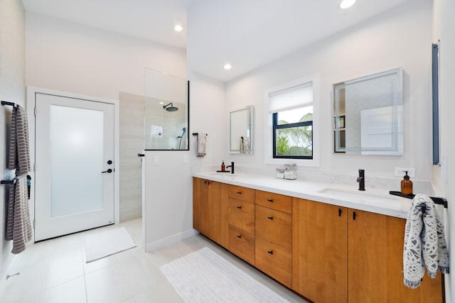 74-941 Kuni St, Kailua-Kona, HI 96740 - full bath with a walk in shower, double vanity, recessed lighting, and tile patterned floors