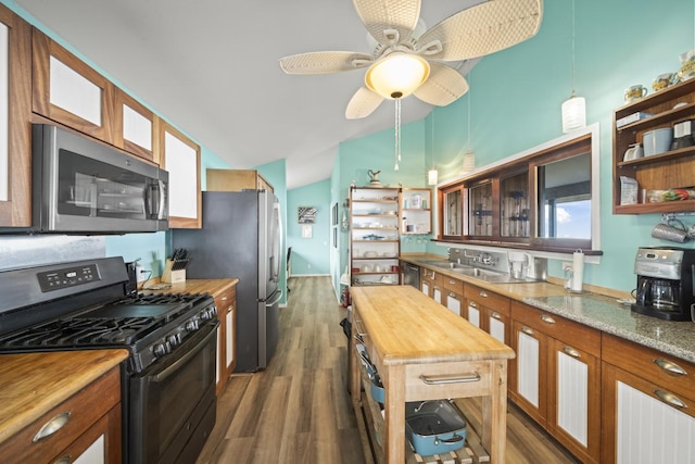 88-1650 Papio Dr, Captain Cook, HI 96704 - kitchen featuring stainless steel appliances, wood counters, lofted ceiling, dark wood-style flooring, and ceiling fan