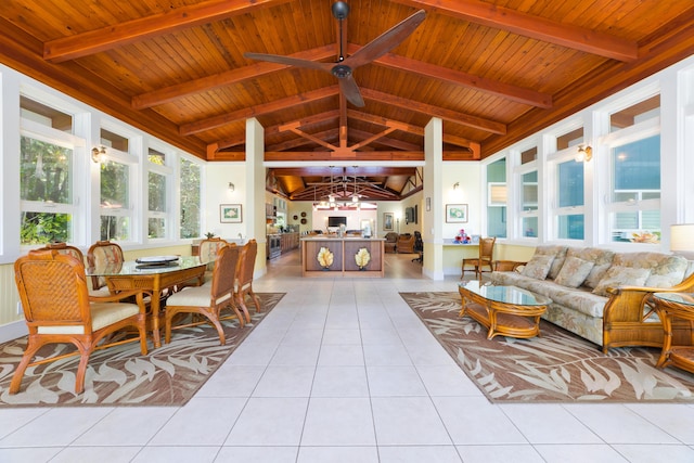 78-134 Holua Rd, Kailua-Kona, HI 96740 - tiled living area featuring wooden ceiling, a chandelier, and a ceiling fan
