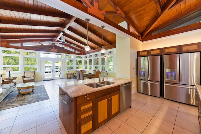 78-134 Holua Rd, Kailua-Kona, HI 96740 - kitchen with stainless steel appliances, wood ceiling, a sink, open floor plan, and light tile patterned flooring