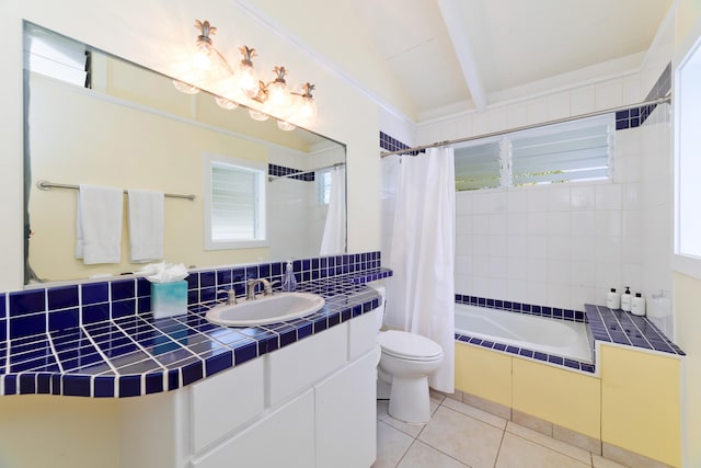 78-134 Holua Rd, Kailua-Kona, HI 96740 - full bath featuring tiled shower / bath combo, tile patterned flooring, vanity, toilet, and beam ceiling
