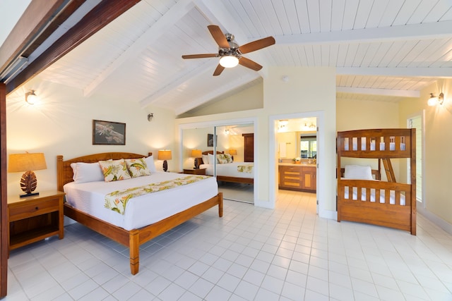 78-134 Holua Rd, Kailua-Kona, HI 96740 - bedroom featuring wood ceiling, light tile patterned floors, a ceiling fan, and ensuite bath