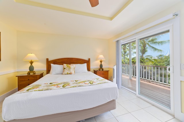 78-134 Holua Rd, Kailua-Kona, HI 96740 - bedroom with access to outside, light tile patterned floors, a wainscoted wall, and ceiling fan