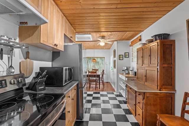 15-1518 20th Ave, Hilo, HI 96749 - kitchen featuring stainless steel appliances, wood ceiling, dark flooring, under cabinet range hood, and ceiling fan