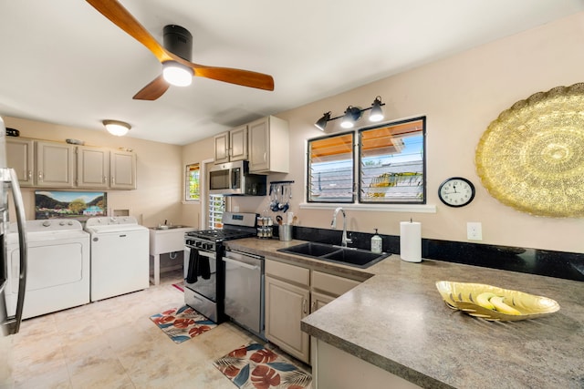 4911 Aliali Rd Unit 0002, Kapaa, HI 96746 - kitchen featuring washing machine and dryer, a sink, appliances with stainless steel finishes, and ceiling fan