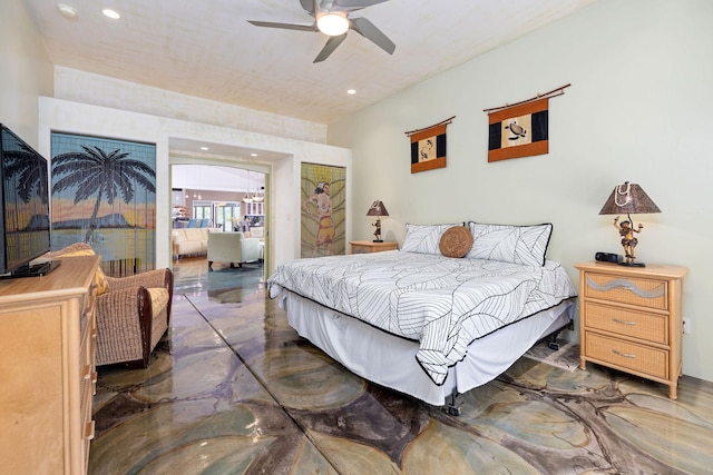 71-1410 Puu Kamanu Ln, Kailua-Kona, HI 96740 - bedroom featuring marble tiled flooring, recessed lighting, and a ceiling fan