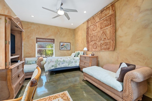 71-1410 Puu Kamanu Ln, Kailua-Kona, HI 96740 - bedroom featuring finished concrete floors, recessed lighting, and a ceiling fan