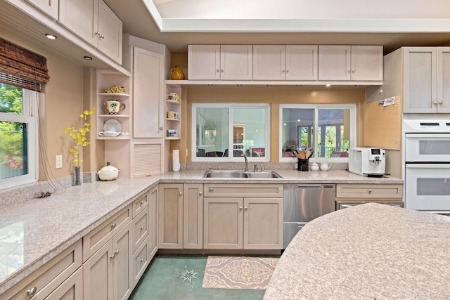 71-1410 Puu Kamanu Ln, Kailua-Kona, HI 96740 - kitchen featuring a sink, double oven, open shelves, and stainless steel dishwasher