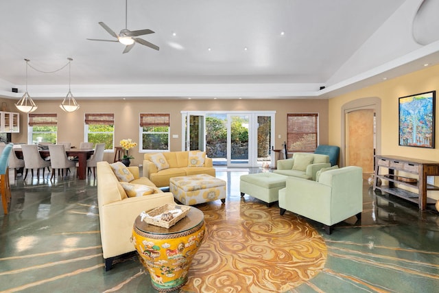71-1410 Puu Kamanu Ln, Kailua-Kona, HI 96740 - living area featuring arched walkways, vaulted ceiling, a raised ceiling, recessed lighting, and ceiling fan