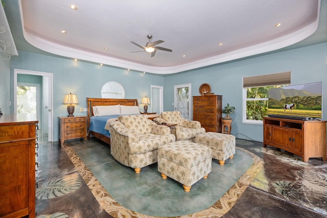 71-1410 Puu Kamanu Ln, Kailua-Kona, HI 96740 - bedroom with a tray ceiling, concrete flooring, recessed lighting, and ceiling fan