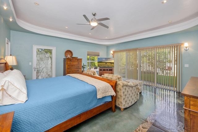 71-1410 Puu Kamanu Ln, Kailua-Kona, HI 96740 - bedroom with access to exterior, a raised ceiling, recessed lighting, ceiling fan, and finished concrete flooring
