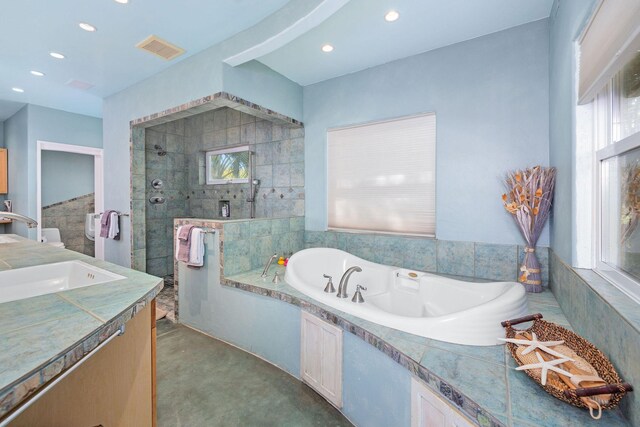 71-1410 Puu Kamanu Ln, Kailua-Kona, HI 96740 - bathroom featuring a bath, vanity, tiled shower, recessed lighting, and concrete floors