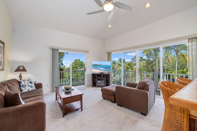 71-1410 Puu Kamanu Ln, Kailua-Kona, HI 96740 - living room with light colored carpet, ceiling fan, and recessed lighting
