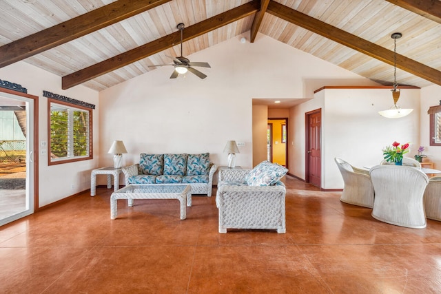 4619 Pualei St, Eleele, HI 96705 - living room with wood ceiling with exposed beams, ceiling fan, baseboards, concrete flooring, and high vaulted ceiling