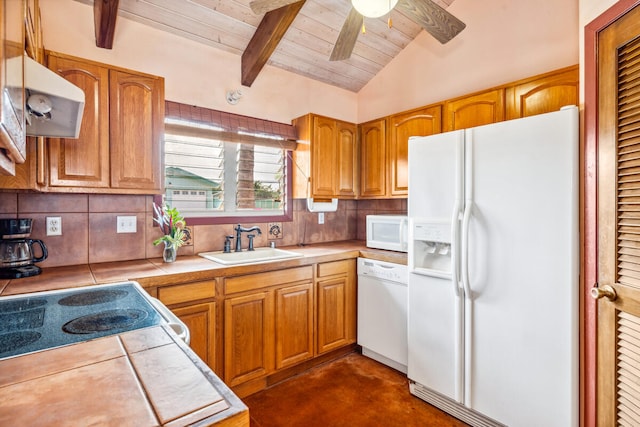 4619 Pualei St, Eleele, HI 96705 - kitchen with white appliances, a sink, tile countertops, decorative backsplash, and wooden ceiling