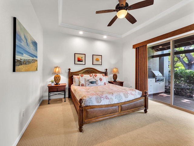 68-1125 Kaniku Dr Unit 2105, Kamuela, HI 96743 - bedroom featuring a tray ceiling, access to outside, light colored carpet, recessed lighting, and baseboards