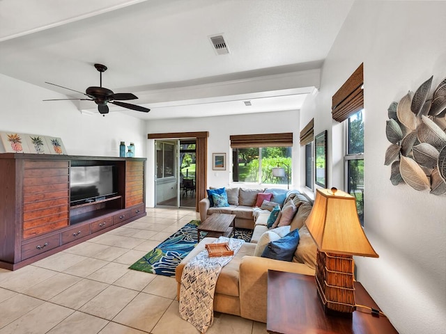 68-1125 Kaniku Dr Unit 2105, Kamuela, HI 96743 - living room with light tile patterned floors and a ceiling fan