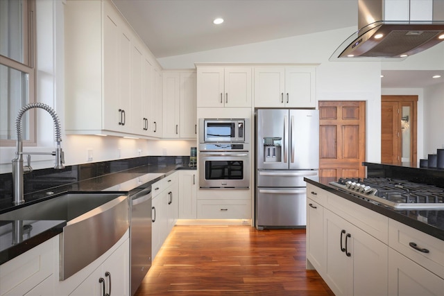 67-1027 Wainoenoe Rd, Kamuela, HI 96743 - kitchen featuring appliances with stainless steel finishes, wall chimney range hood, a sink, vaulted ceiling, and white cabinetry