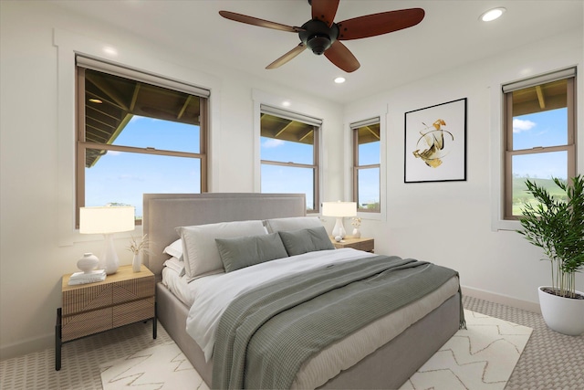 67-1027 Wainoenoe Rd, Kamuela, HI 96743 - bedroom with light carpet, recessed lighting, multiple windows, baseboards, and a ceiling fan