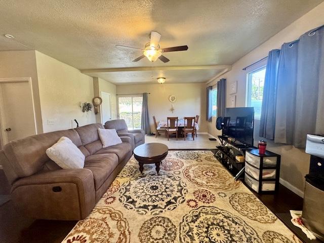 15-2690 Mahimahi St, Pahoa, HI 96778 - living room with plenty of natural light, a textured ceiling, ceiling fan, wood finished floors, and baseboards
