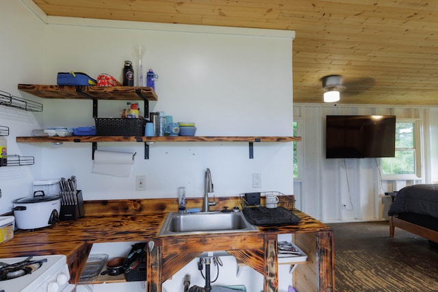 36-574 Spencer Rd, Laupahoehoe, HI 96764 - kitchen with a sink, wooden ceiling, open shelves, and carpet floors