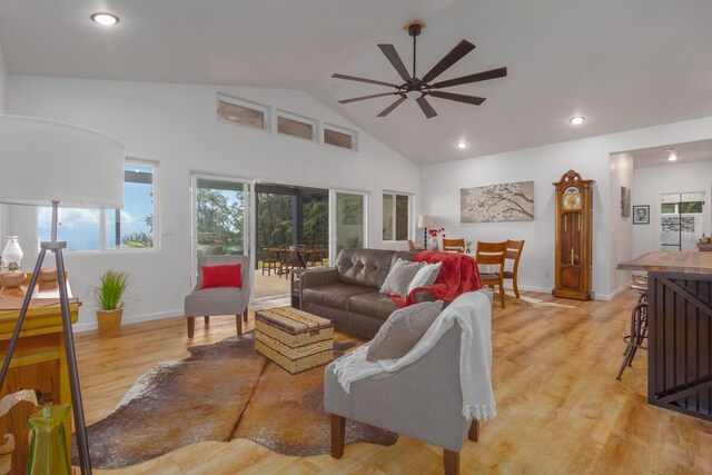 36-574 Spencer Rd, Laupahoehoe, HI 96764 - living area with a ceiling fan, light wood-style flooring, baseboards, high vaulted ceiling, and recessed lighting