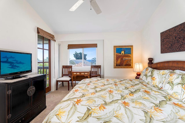 75-5919 Alii Dr Unit U23, Kailua-Kona, HI 96740 - bedroom with vaulted ceiling, light colored carpet, a ceiling fan, and access to outside